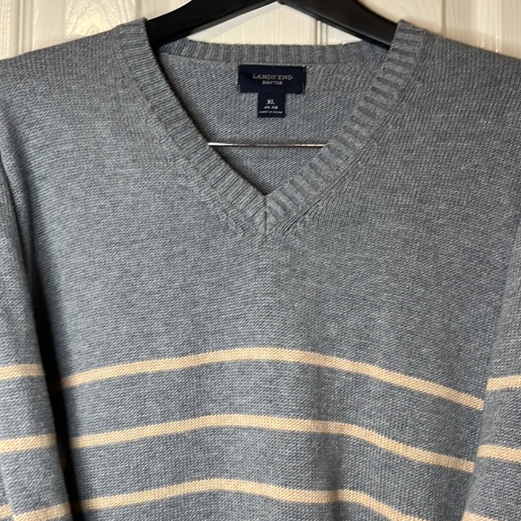 Men’s Lands’ End Gray with Tan Stripe Sweater - Picture 3 of 9